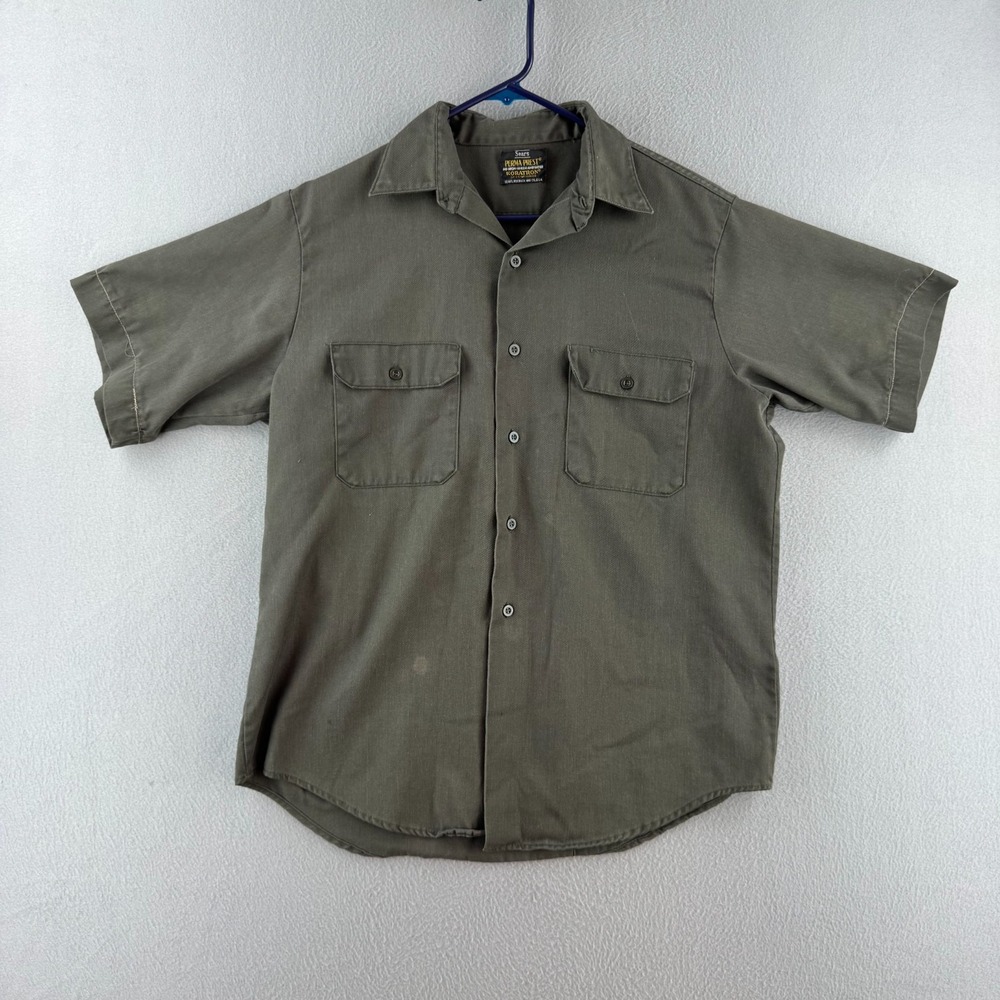 Vintage 70s Sears Work Shirt Mens Large Green Koratron Perma Prest Button Up